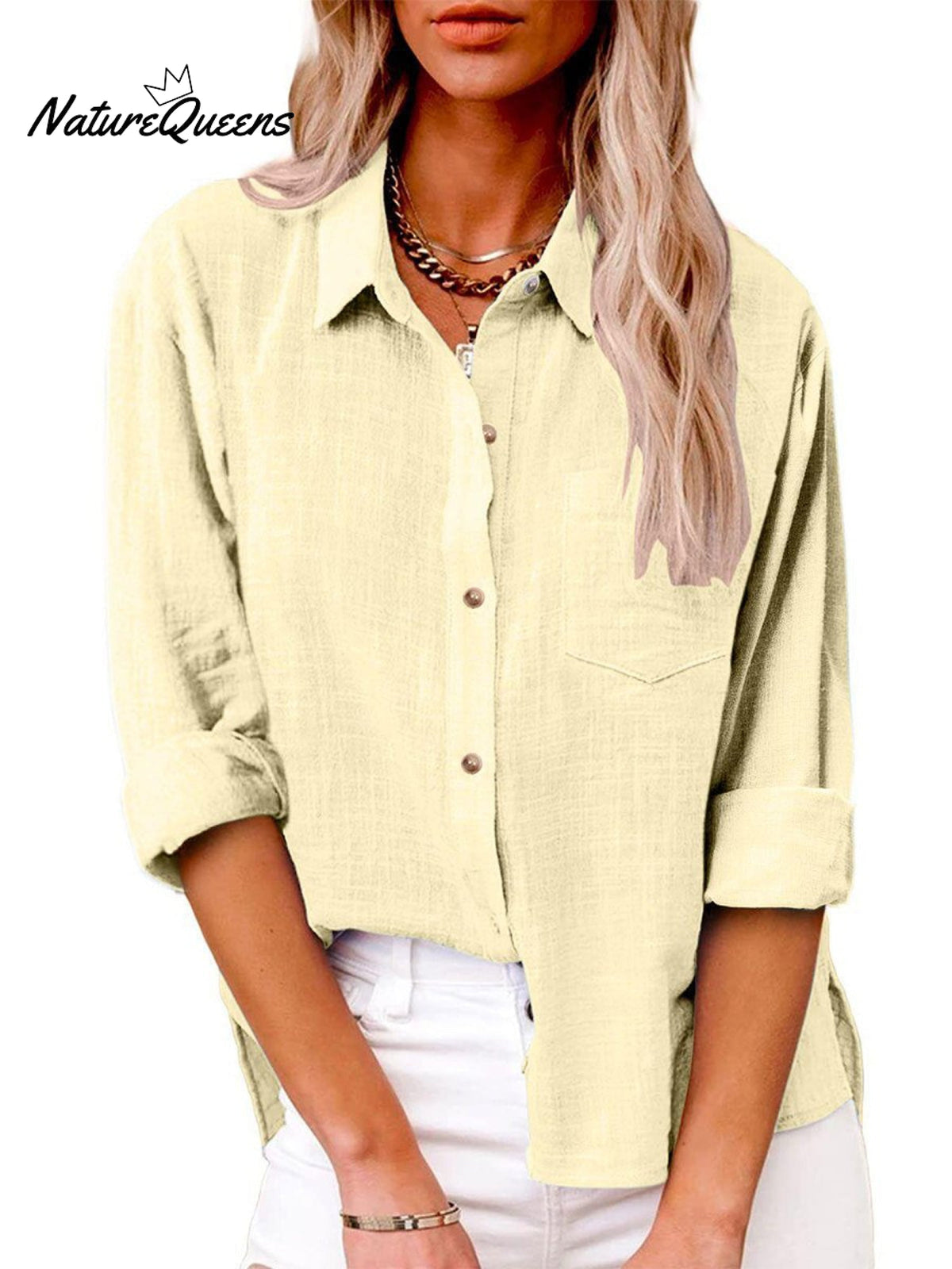 Women's Slit Cotton and Linen Long-sleeved Shirt