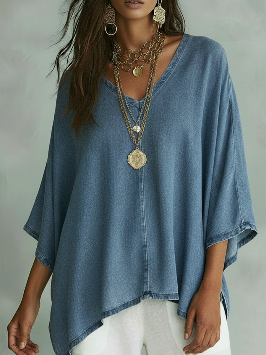 Cozy V-neck Loose-fitting Denim Shirt Top