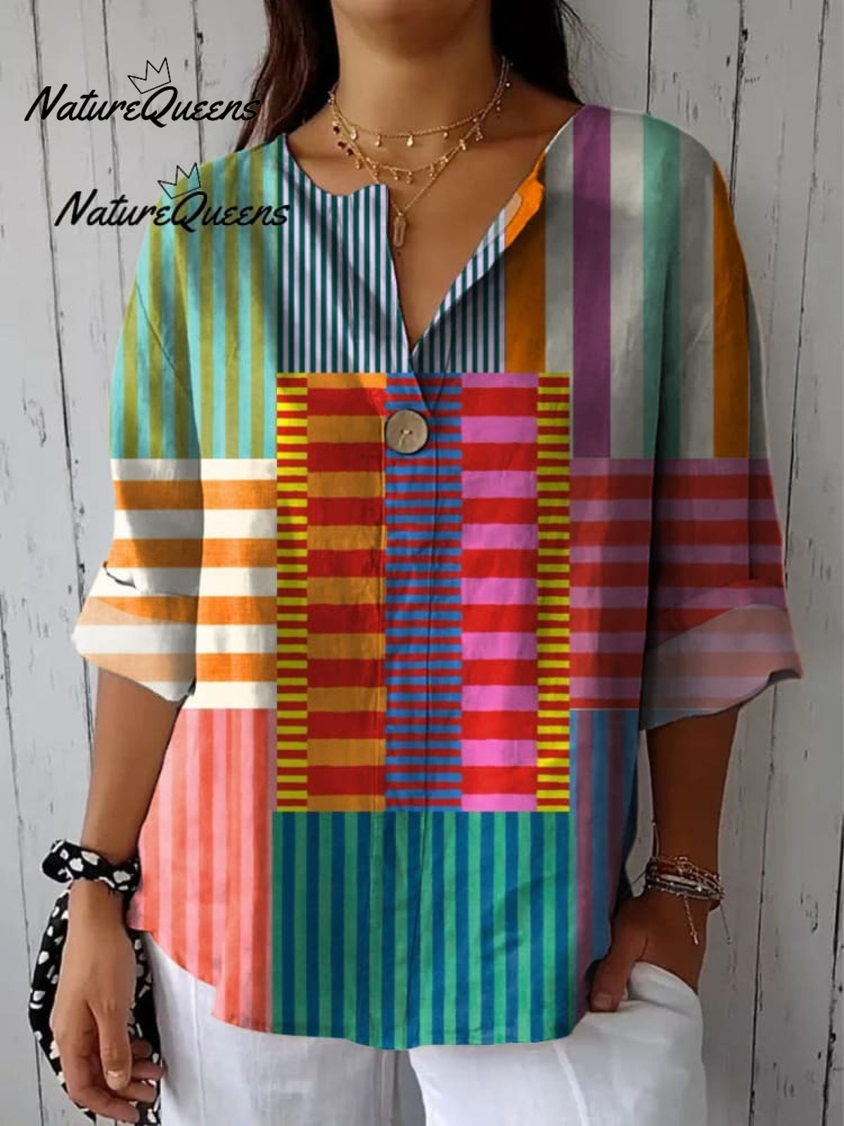 Women's Geometric Line Pattern Art Print Casual Cotton And Linen 3/4 Sleeve Shirt