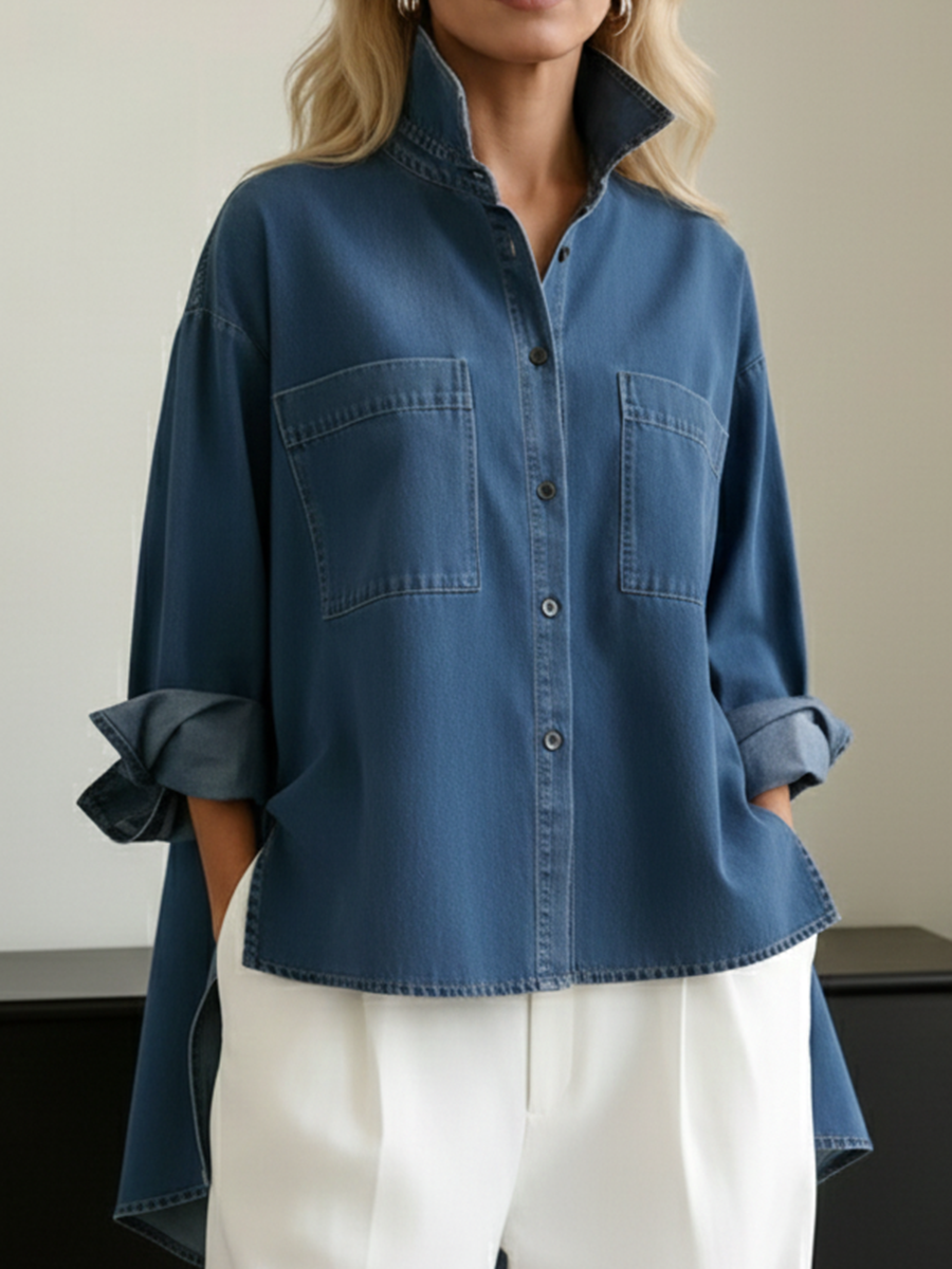 Casual Stand-collar Irregular Hem Denim Shirt Top