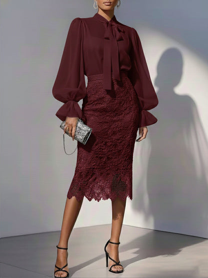 Elegant Chiffon Blouse And Lace Skirt Two-piece Set