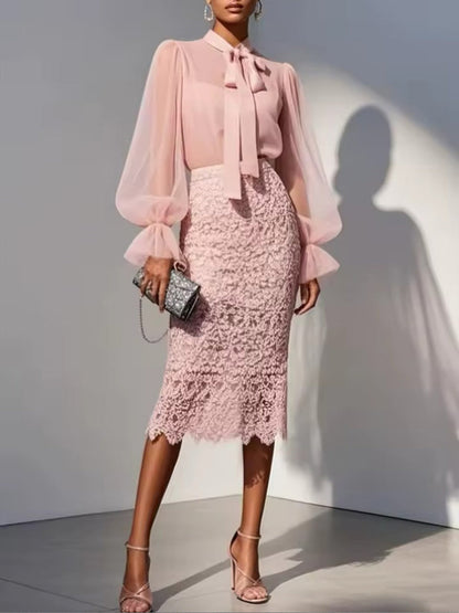 Elegant Chiffon Blouse And Lace Skirt Two-piece Set