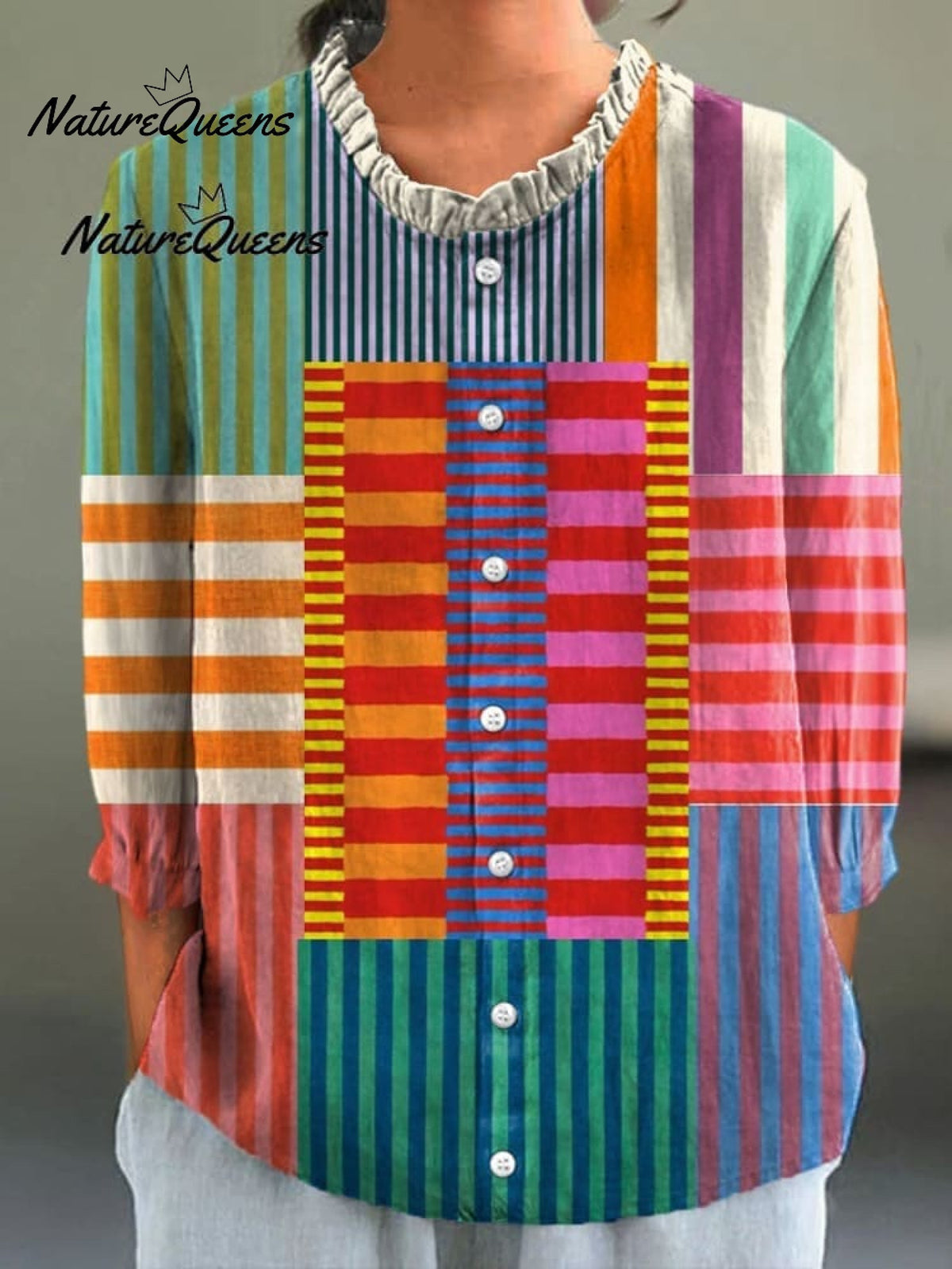Women's Geometric Line Pattern Art Print Casual Cotton And Linen 3/4 Sleeve Shirt