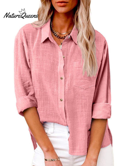 Women's Slit Cotton and Linen Long-sleeved Shirt