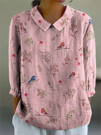 Women's Casual Retro Floral And Bird Print Shirt