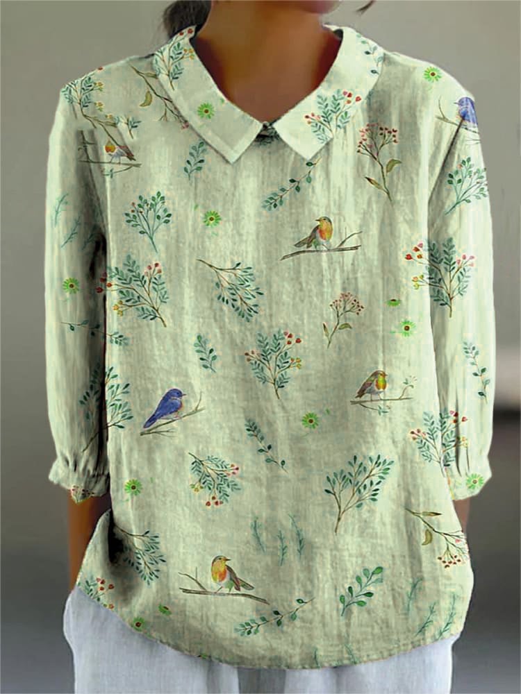 Women's Casual Retro Floral And Bird Print Shirt