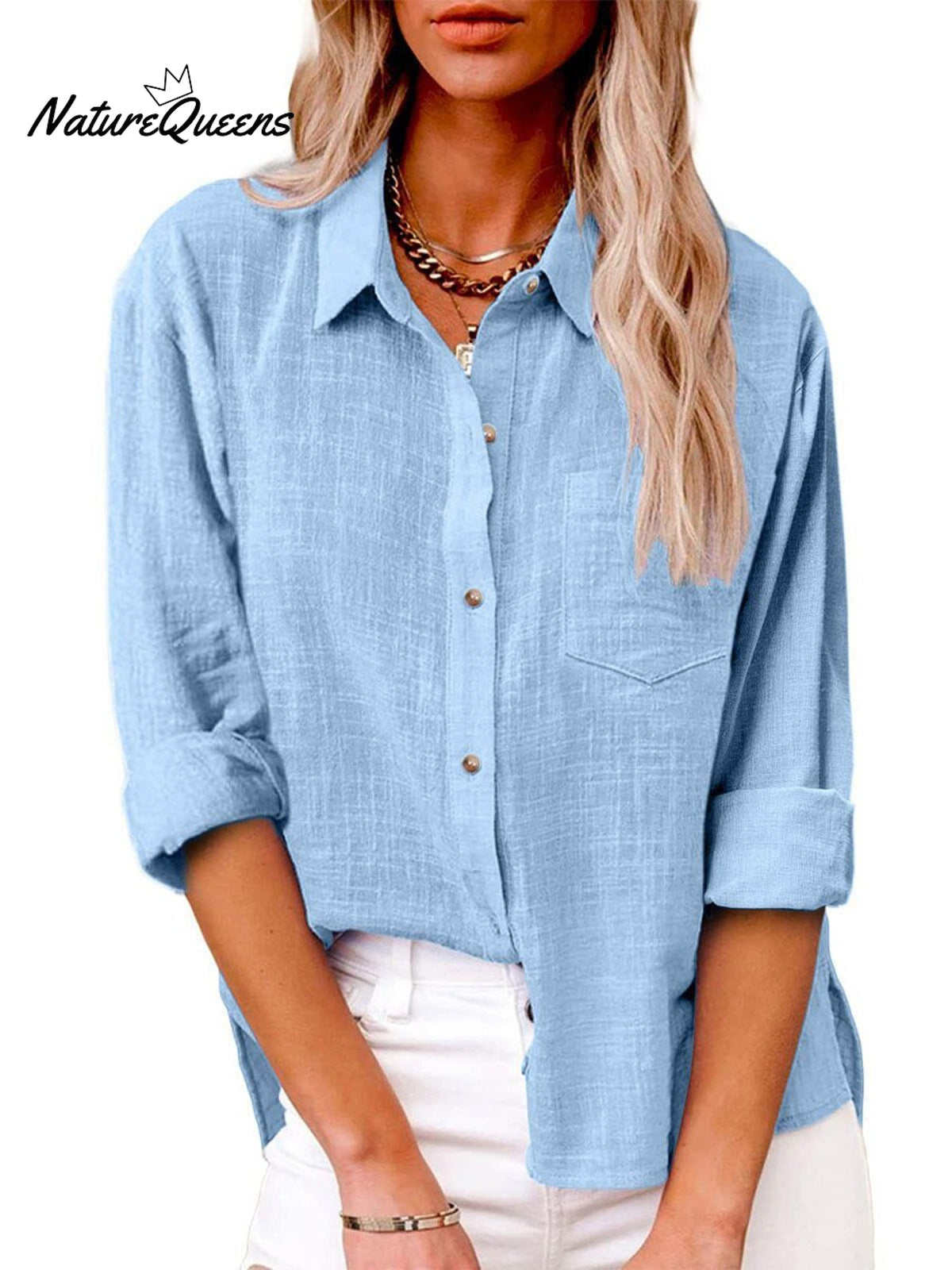 Women's Slit Cotton and Linen Long-sleeved Shirt