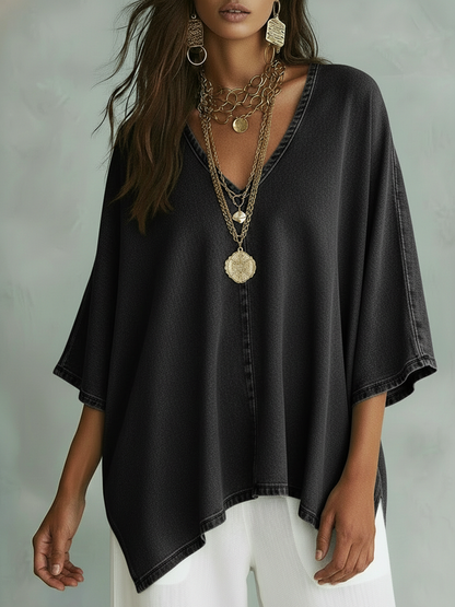 Cozy V-neck Loose-fitting Denim Shirt Top