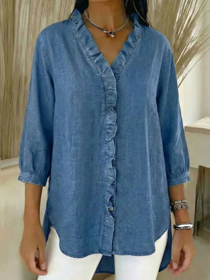 Women's Casual Denim V-Neck Ruffled Shirt