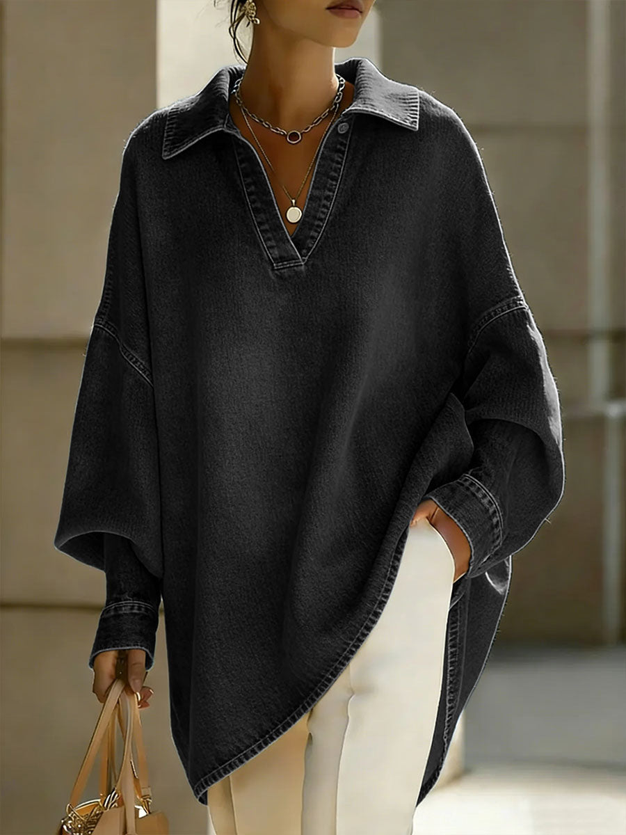 Women's Lapel Long-sleeved Casual Loose Denim Shirt