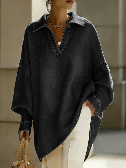 Women's Lapel Long-sleeved Casual Loose Denim Shirt