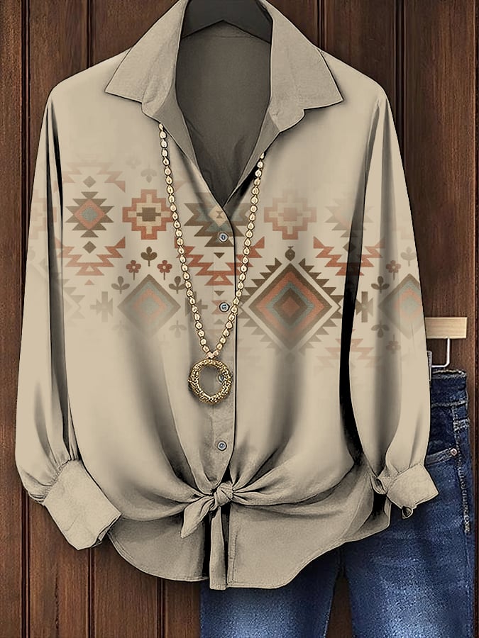 Women's Vintage Western Print Casual Long Sleeve Shirt