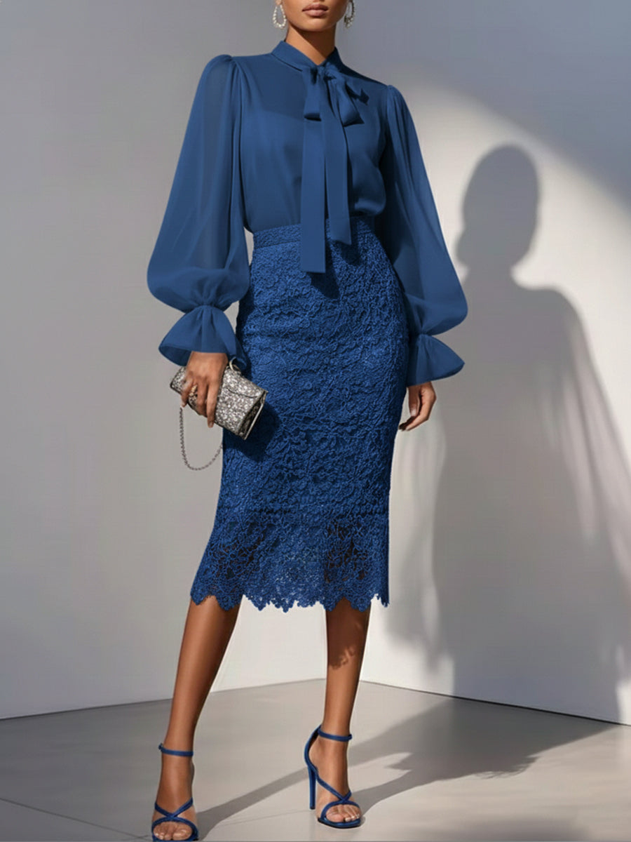 Elegant Chiffon Blouse And Lace Skirt Two-piece Set
