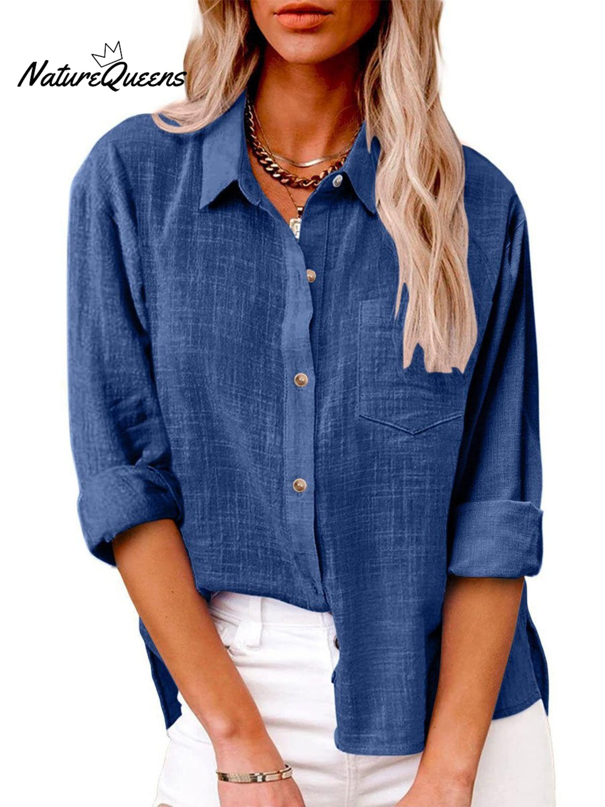 Women's Slit Cotton and Linen Long-sleeved Shirt