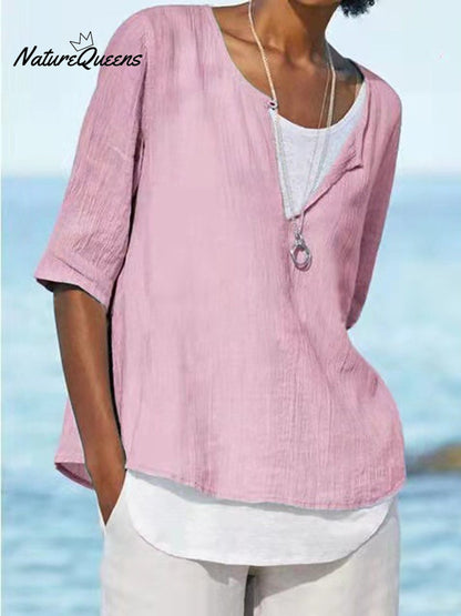 Women's Solid Color Loose Elegant Casual Cotton And Linen Mid-sleeve Shirt