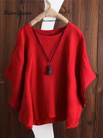 Women's Solid Color Loose Elegant Bat Sleeve Casual Cotton And Linen Shirt