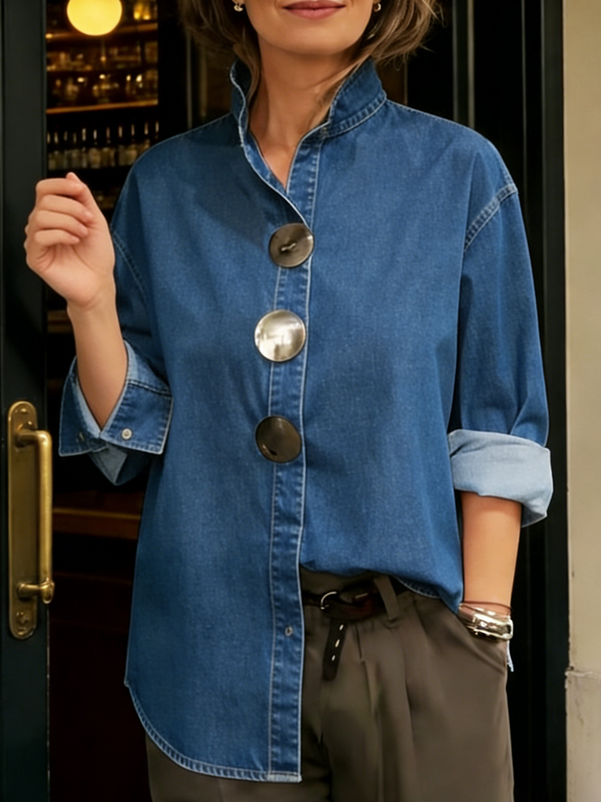 Stylish Stand-collar Metal Button Denim Shirt