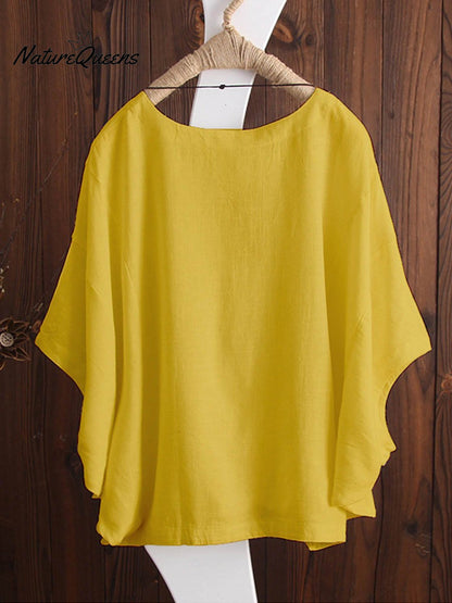 Women's Solid Color Loose Elegant Bat Sleeve Casual Cotton And Linen Shirt