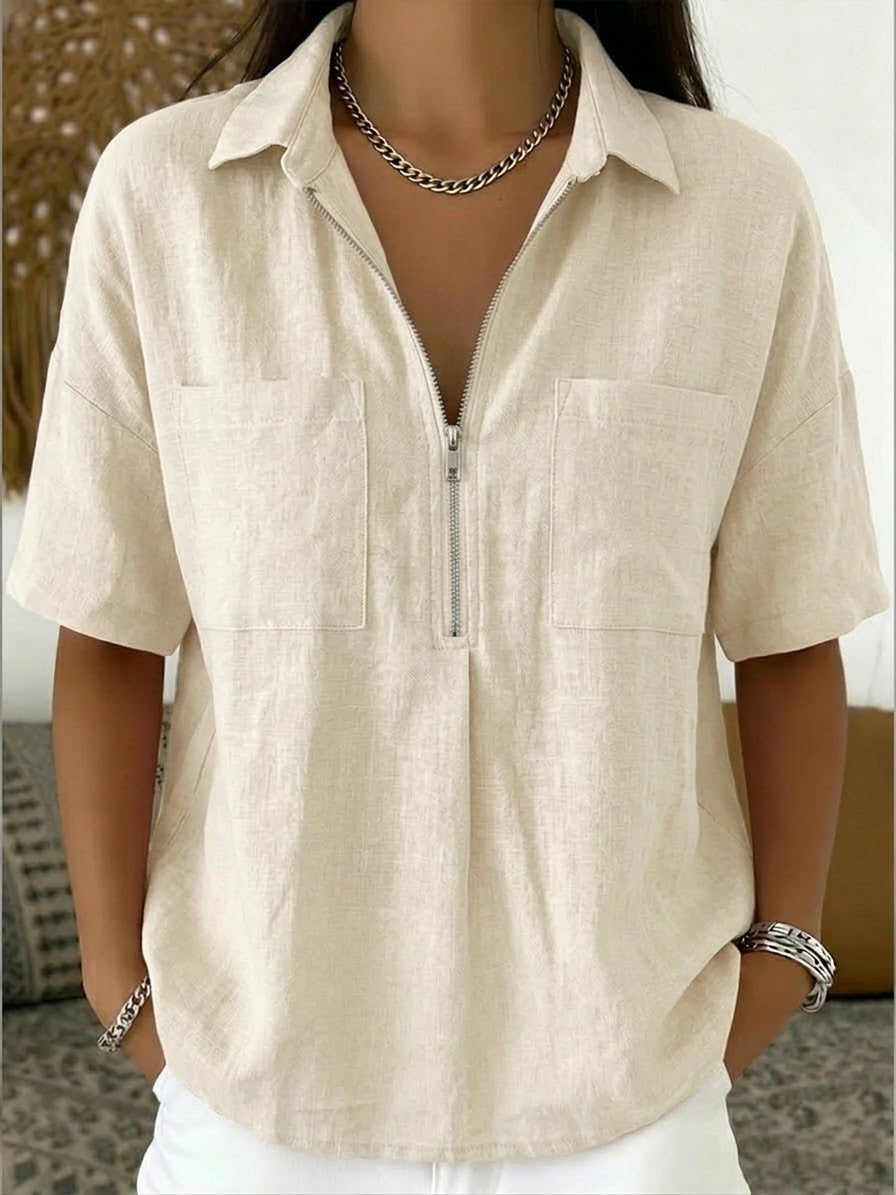 Casual Half-zip Linen And Cotton Shirt