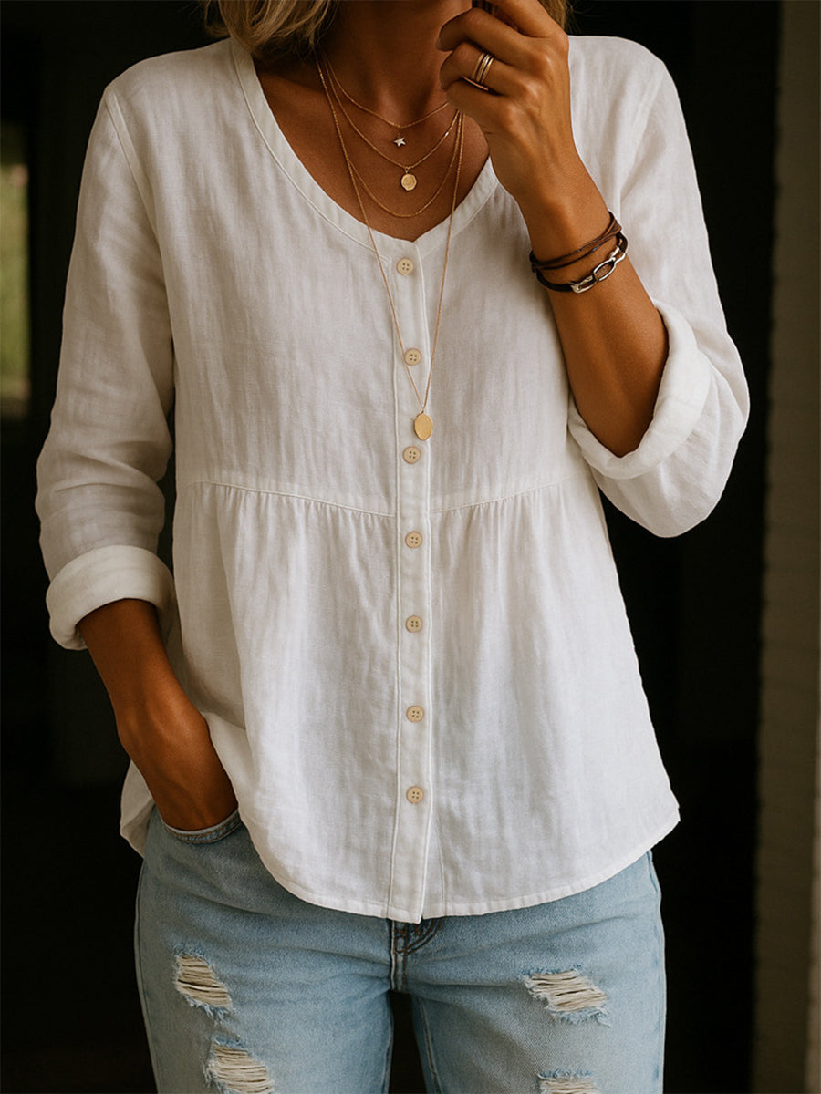 Women's Linen Cotton Blend Shirt - 3/4 Sleeve Crew Neck Loose Hip-Length Casual Blouse